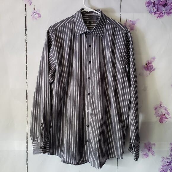 Kenneth Cole Reaction Grey Striped Button Dress Shirt L - Picture 1 of 7
